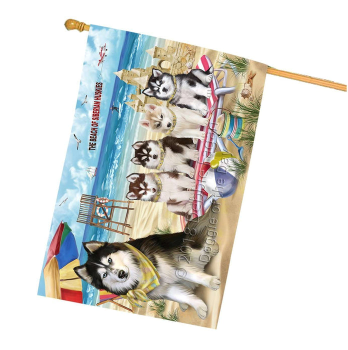 Pet Friendly Beach Siberian Huskies Dog House Flag FLG48664