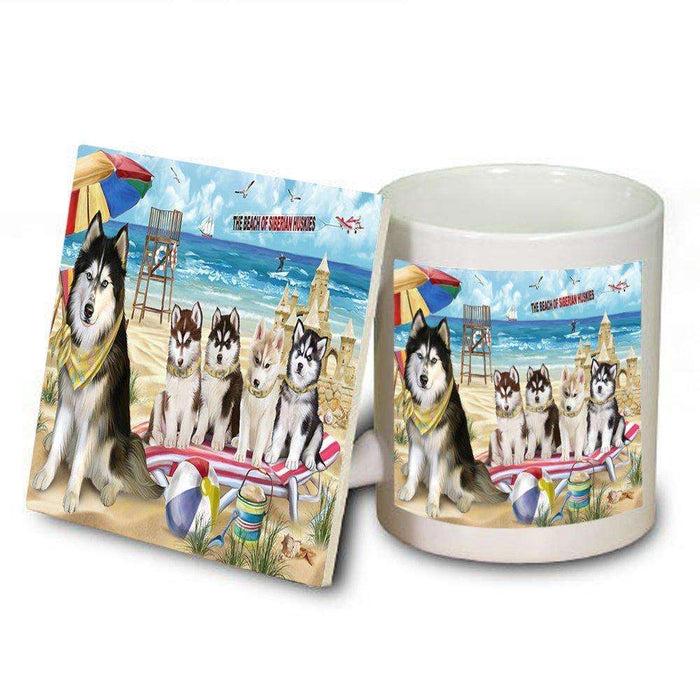 Pet Friendly Beach Siberian Huskies Dog Mug and Coaster Set MUC48691