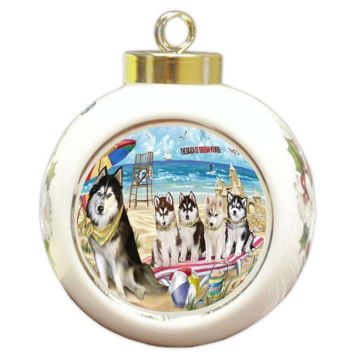 Pet Friendly Beach Siberian Huskies Dog Round Ball Christmas Ornament RBPOR48699