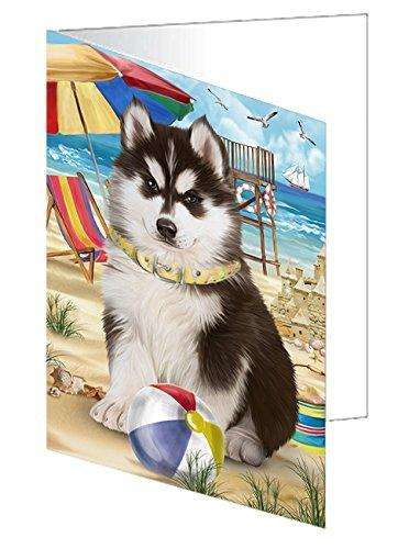 Pet Friendly Beach Siberian Husky Dog Handmade Artwork Assorted Pets Greeting Cards and Note Cards with Envelopes for All Occasions and Holiday Seasons GCD50114