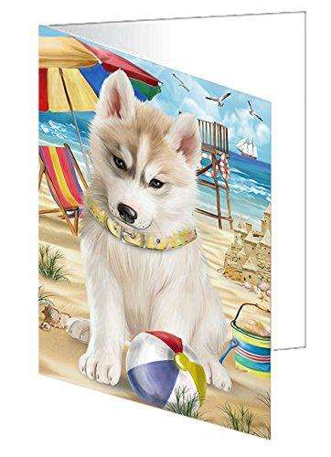 Pet Friendly Beach Siberian Husky Dog Handmade Artwork Assorted Pets Greeting Cards and Note Cards with Envelopes for All Occasions and Holiday Seasons GCD50117