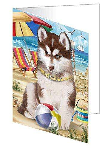 Pet Friendly Beach Siberian Husky Dog Handmade Artwork Assorted Pets Greeting Cards and Note Cards with Envelopes for All Occasions and Holiday Seasons GCD50120