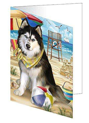 Pet Friendly Beach Siberian Husky Dog Handmade Artwork Assorted Pets Greeting Cards and Note Cards with Envelopes for All Occasions and Holiday Seasons GCD50123