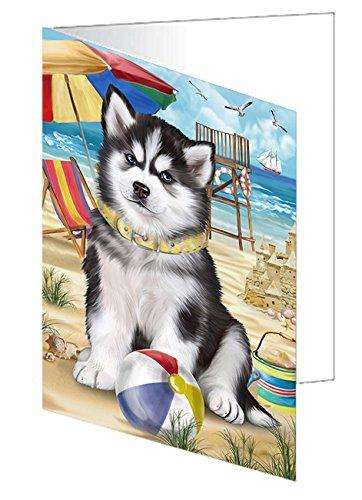 Pet Friendly Beach Siberian Husky Dog Handmade Artwork Assorted Pets Greeting Cards and Note Cards with Envelopes for All Occasions and Holiday Seasons GCD50129