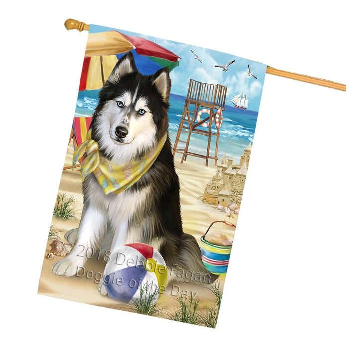 Pet Friendly Beach Siberian Husky Dog House Flag FLG48663