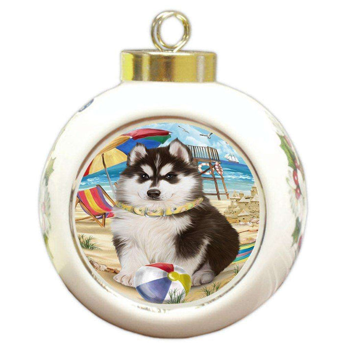 Pet Friendly Beach Siberian Husky Dog Round Ball Christmas Ornament RBPOR48695