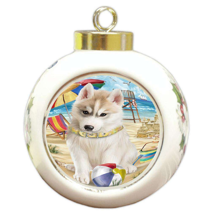 Pet Friendly Beach Siberian Husky Dog Round Ball Christmas Ornament RBPOR48696