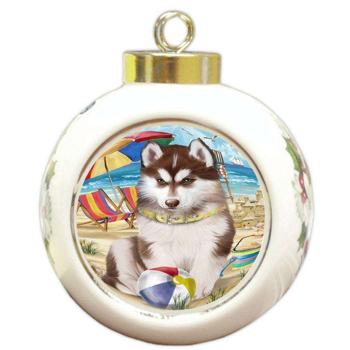 Pet Friendly Beach Siberian Husky Dog Round Ball Christmas Ornament RBPOR48697