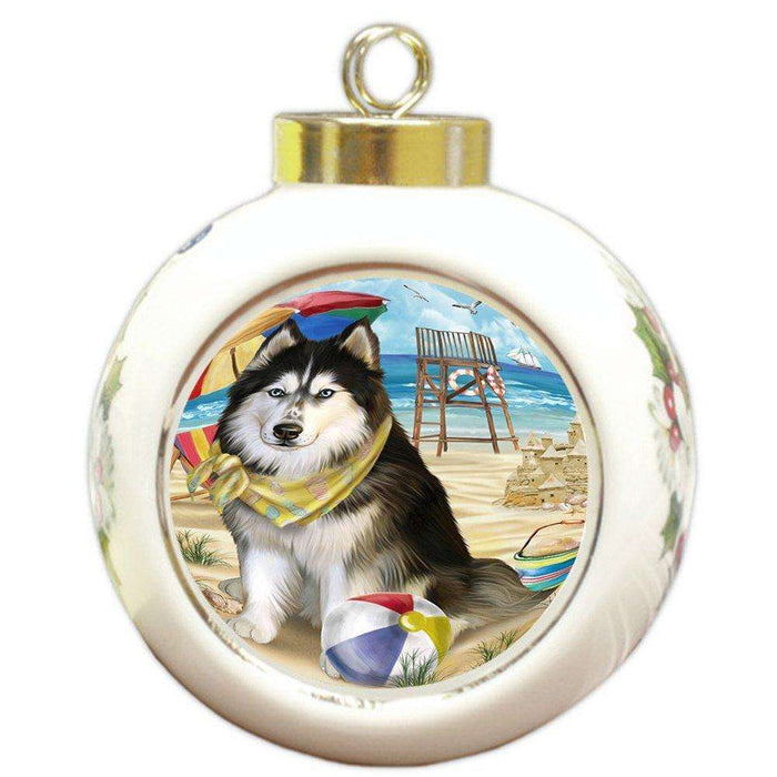 Pet Friendly Beach Siberian Husky Dog Round Ball Christmas Ornament RBPOR48698