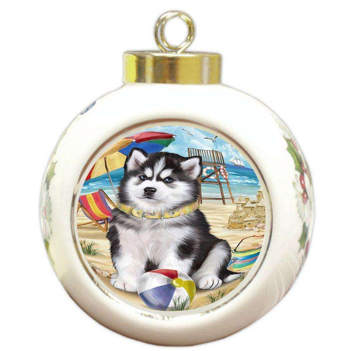 Pet Friendly Beach Siberian Husky Dog Round Ball Christmas Ornament RBPOR48700