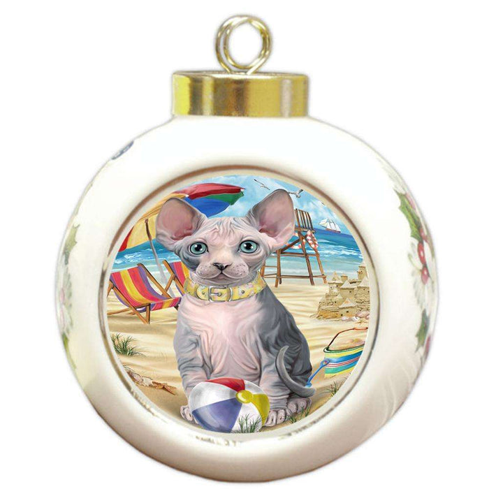 Pet Friendly Beach Sphynx Cat Round Ball Christmas Ornament RBPOR51605