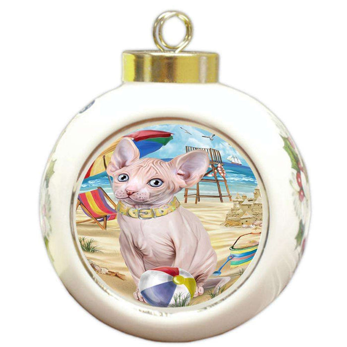 Pet Friendly Beach Sphynx Cat Round Ball Christmas Ornament RBPOR51606