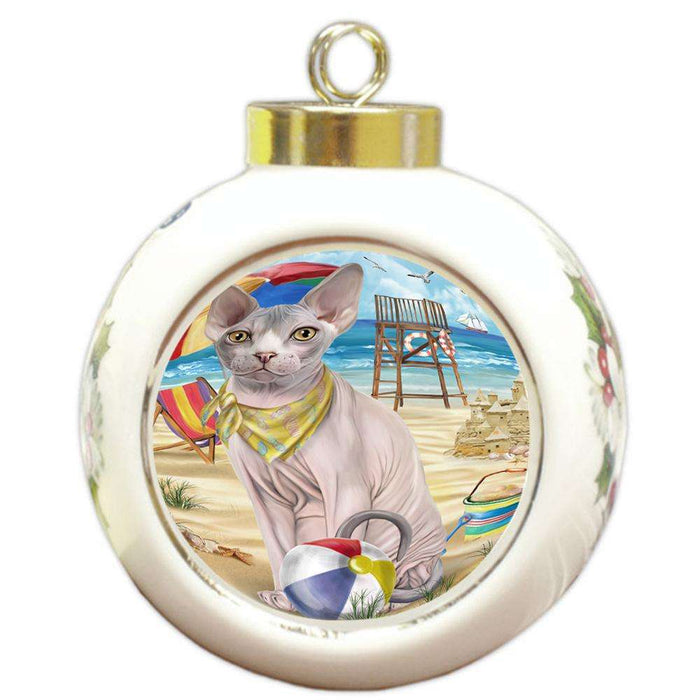 Pet Friendly Beach Sphynx Cat Round Ball Christmas Ornament RBPOR51609