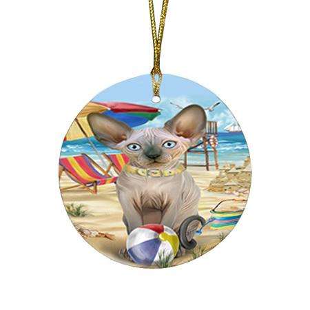 Pet Friendly Beach Sphynx Cat Round Flat Christmas Ornament RFPOR51599