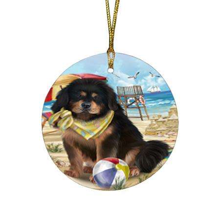 Pet Friendly Beach Tibetan Mastiff Dog Round Flat Christmas Ornament RFPOR54189