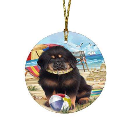 Pet Friendly Beach Tibetan Mastiff Dog Round Flat Christmas Ornament RFPOR54190