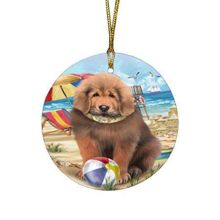 Pet Friendly Beach Tibetan Mastiff Dog Round Flat Christmas Ornament RFPOR54191