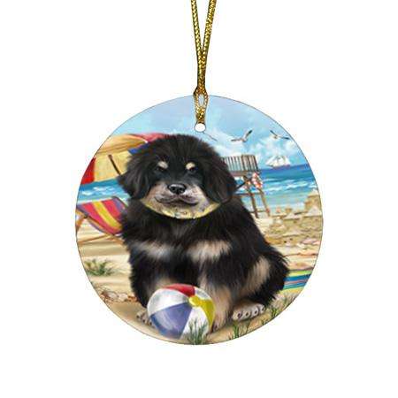 Pet Friendly Beach Tibetan Mastiff Dog Round Flat Christmas Ornament RFPOR54192