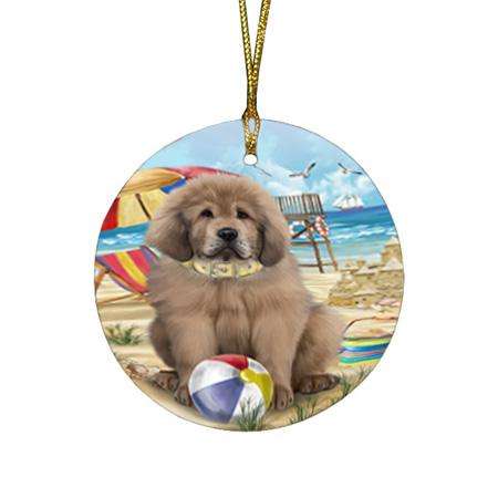 Pet Friendly Beach Tibetan Mastiff Dog Round Flat Christmas Ornament RFPOR54193