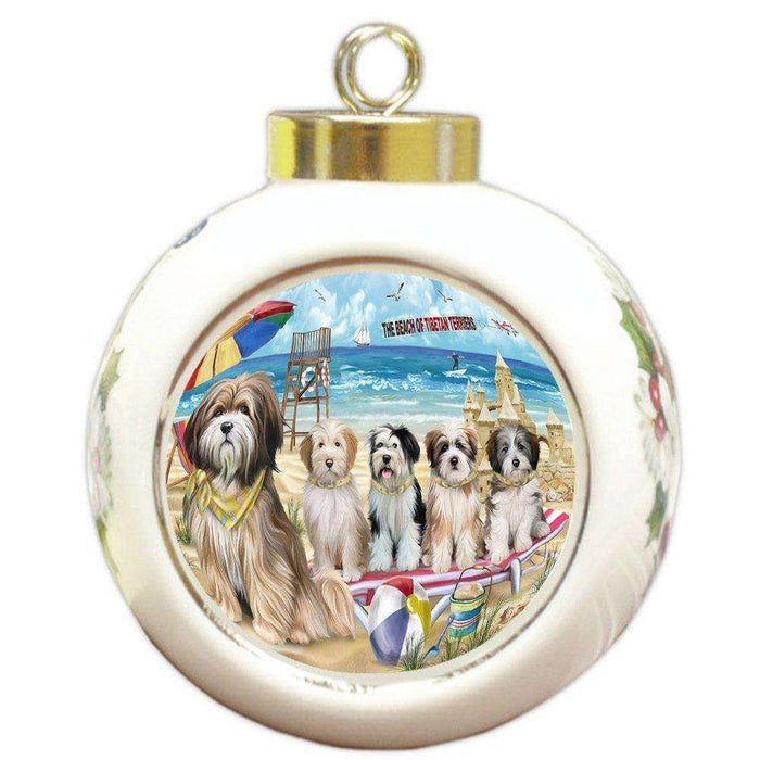 Pet Friendly Beach Tibetan Terriers Dog Round Ball Christmas Ornament RBPOR48701