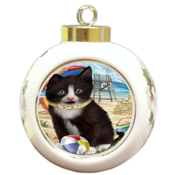 Pet Friendly Beach Tuxedo Cat Round Ball Christmas Ornament RBPOR51610