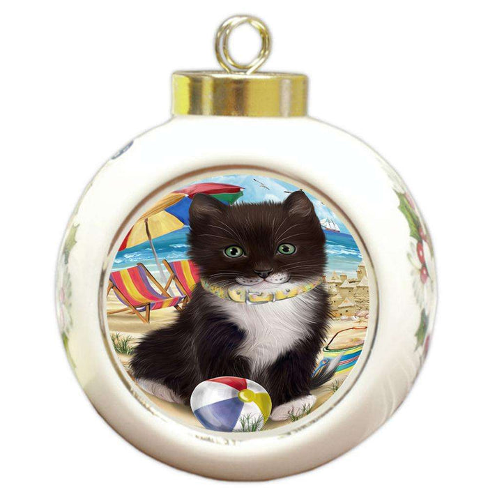 Pet Friendly Beach Tuxedo Cat Round Ball Christmas Ornament RBPOR51611