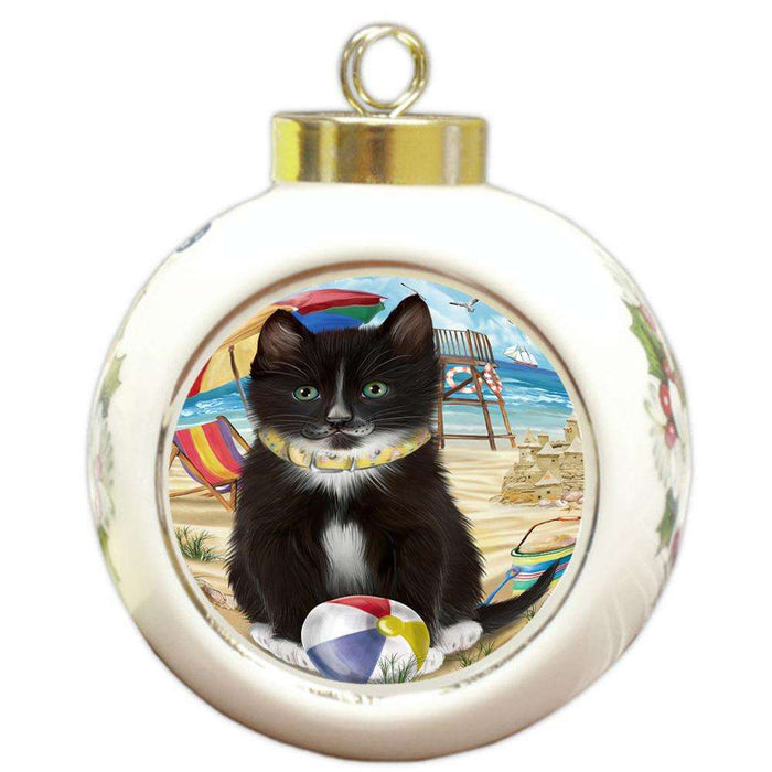 Pet Friendly Beach Tuxedo Cat Round Ball Christmas Ornament RBPOR51612