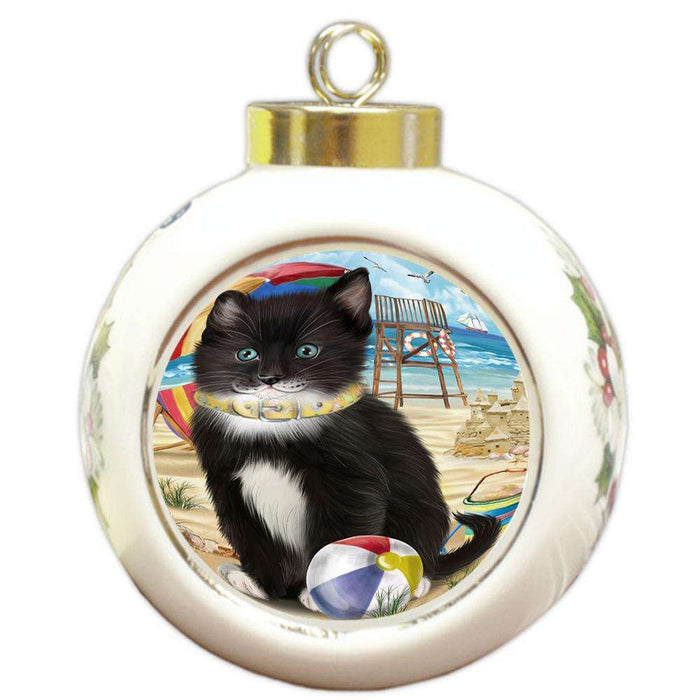 Pet Friendly Beach Tuxedo Cat Round Ball Christmas Ornament RBPOR51613