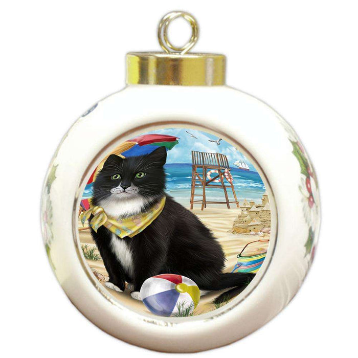 Pet Friendly Beach Tuxedo Cat Round Ball Christmas Ornament RBPOR51614