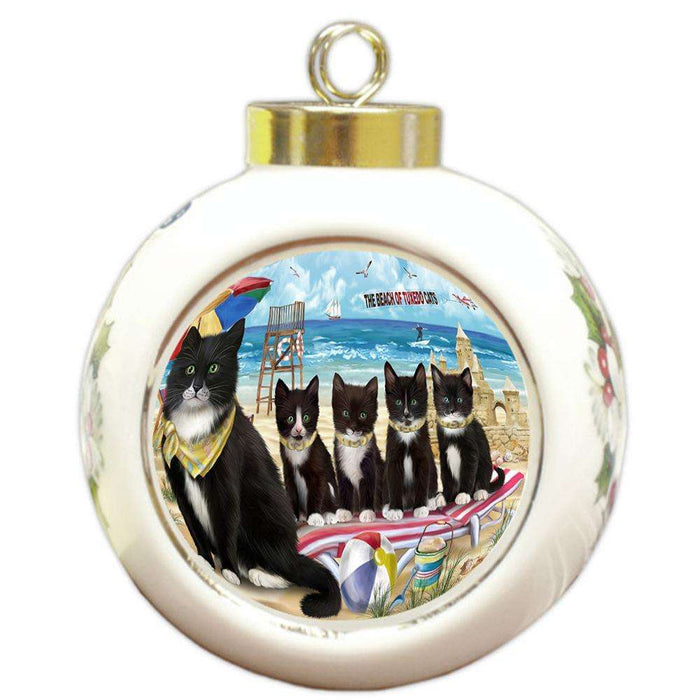 Pet Friendly Beach Tuxedo Cat Round Ball Christmas Ornament RBPOR51615