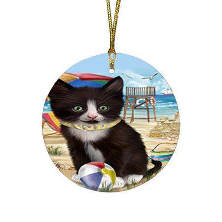 Pet Friendly Beach Tuxedo Cat Round Flat Christmas Ornament RFPOR51601