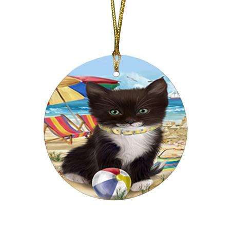 Pet Friendly Beach Tuxedo Cat Round Flat Christmas Ornament RFPOR51602