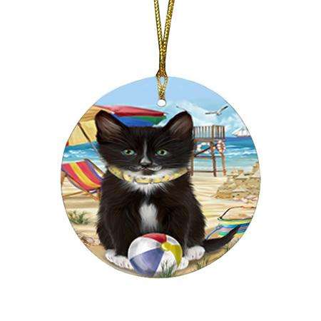 Pet Friendly Beach Tuxedo Cat Round Flat Christmas Ornament RFPOR51603