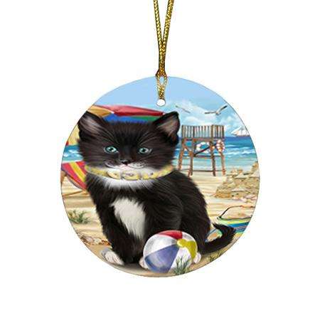 Pet Friendly Beach Tuxedo Cat Round Flat Christmas Ornament RFPOR51604