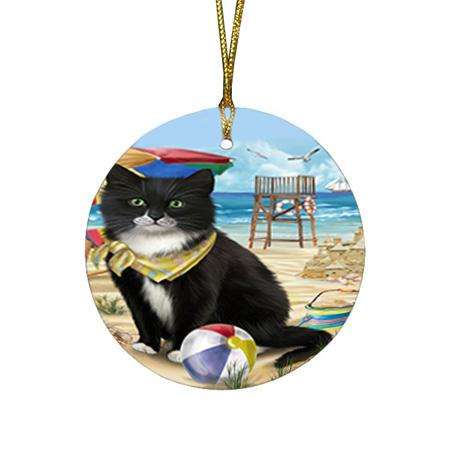 Pet Friendly Beach Tuxedo Cat Round Flat Christmas Ornament RFPOR51605