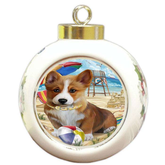 Pet Friendly Beach Welsh Corgi Dog Round Ball Christmas Ornament RBPOR50113