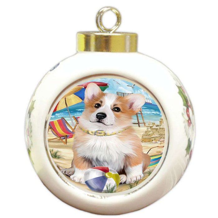 Pet Friendly Beach Welsh Corgi Dog Round Ball Christmas Ornament RBPOR50114