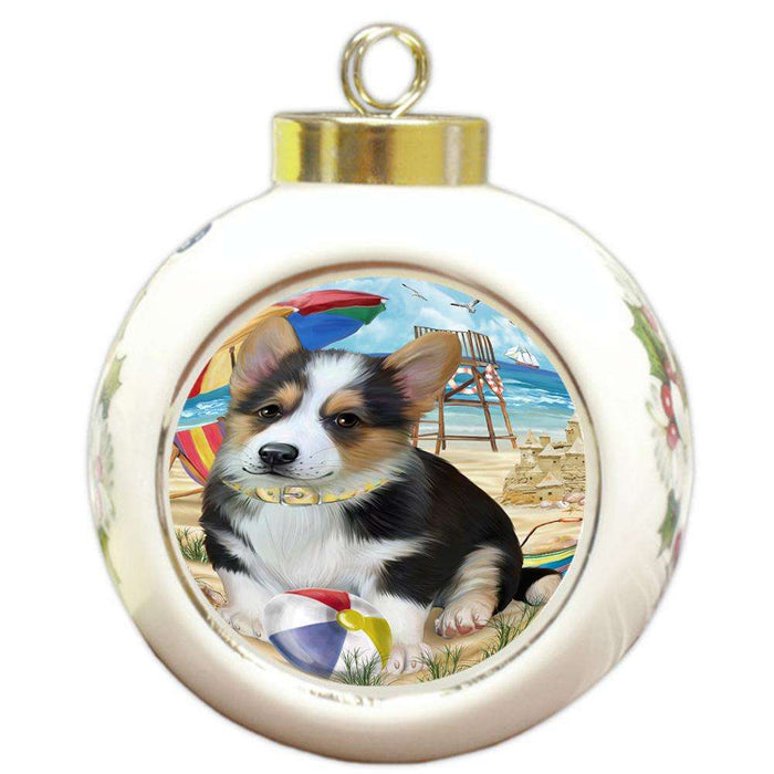 Pet Friendly Beach Welsh Corgi Dog Round Ball Christmas Ornament RBPOR50115