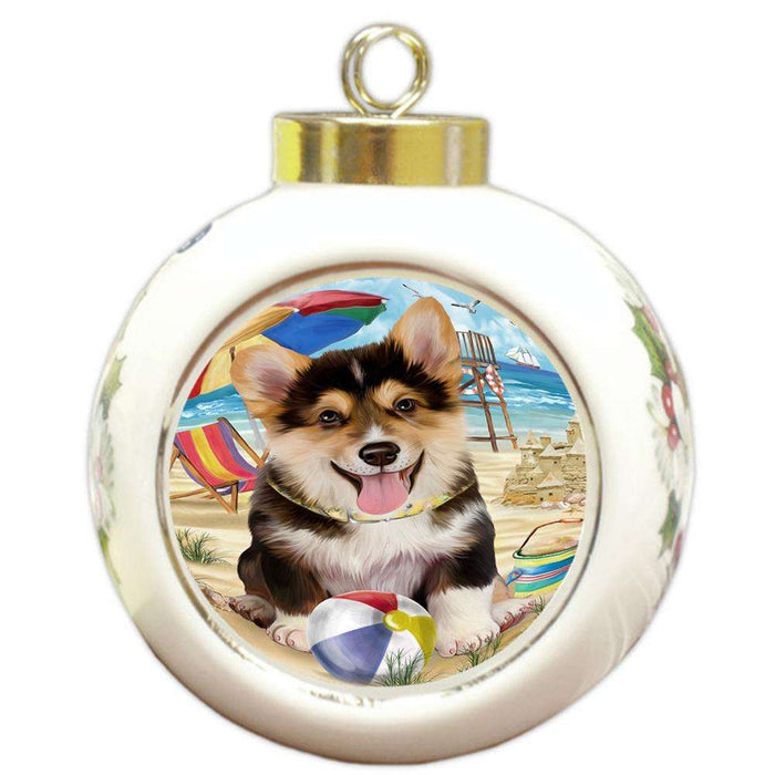 Pet Friendly Beach Welsh Corgi Dog Round Ball Christmas Ornament RBPOR50116