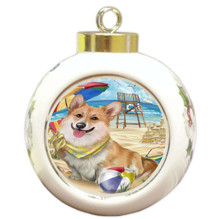Pet Friendly Beach Welsh Corgi Dog Round Ball Christmas Ornament RBPOR50117