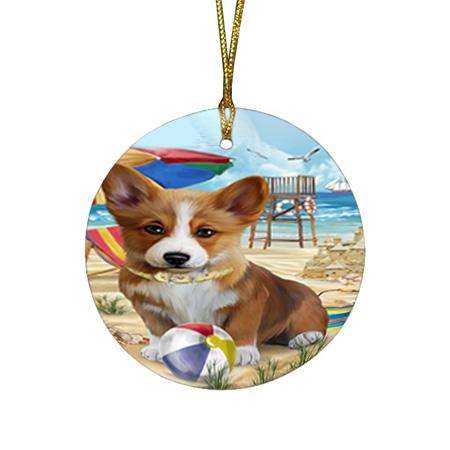 Pet Friendly Beach Welsh Corgi Dog Round Flat Christmas Ornament RFPOR50104