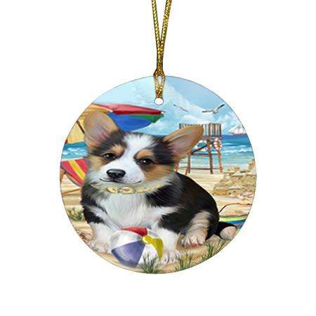 Pet Friendly Beach Welsh Corgi Dog Round Flat Christmas Ornament RFPOR50106