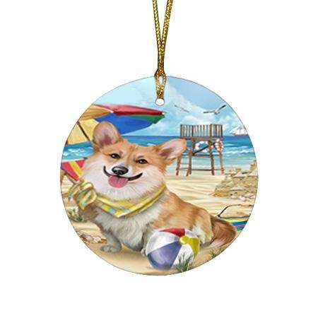Pet Friendly Beach Welsh Corgi Dog Round Flat Christmas Ornament RFPOR50108
