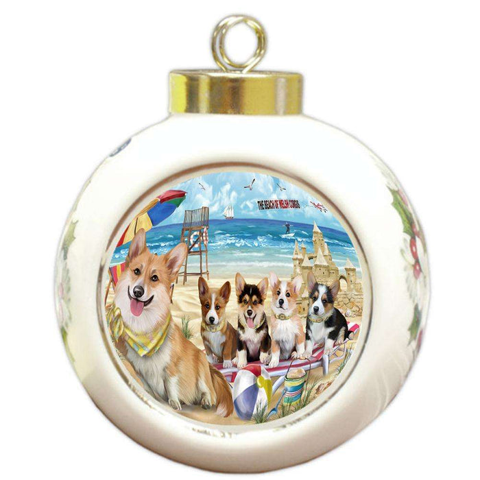 Pet Friendly Beach Welsh Corgis Dog Round Ball Christmas Ornament RBPOR50112