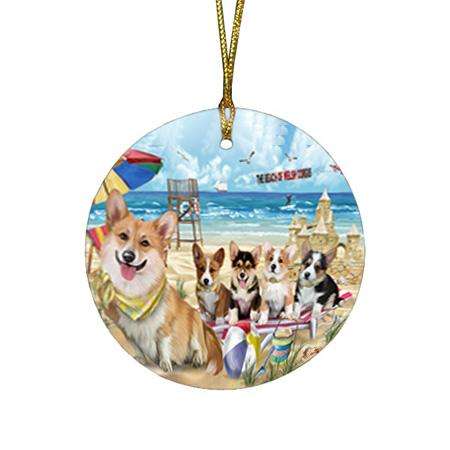 Pet Friendly Beach Welsh Corgis Dog Round Flat Christmas Ornament RFPOR50103
