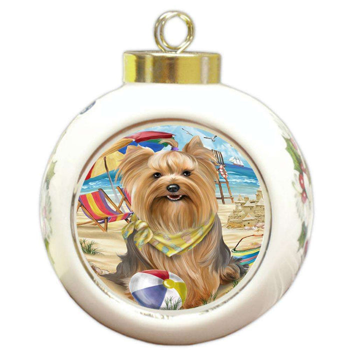 Pet Friendly Beach Yorkshire Terrier Dog Round Ball Christmas Ornament RBPOR50118