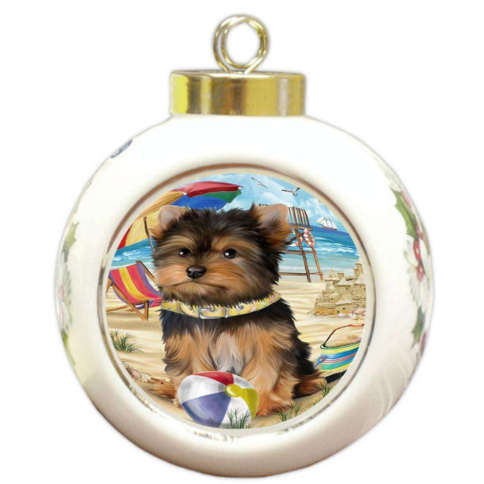 Pet Friendly Beach Yorkshire Terrier Dog Round Ball Christmas Ornament RBPOR50119