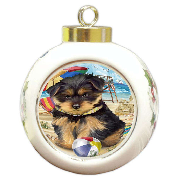 Pet Friendly Beach Yorkshire Terrier Dog Round Ball Christmas Ornament RBPOR50121