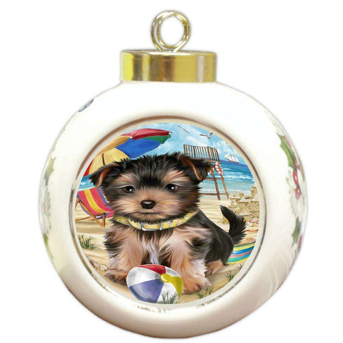 Pet Friendly Beach Yorkshire Terrier Dog Round Ball Christmas Ornament RBPOR50122