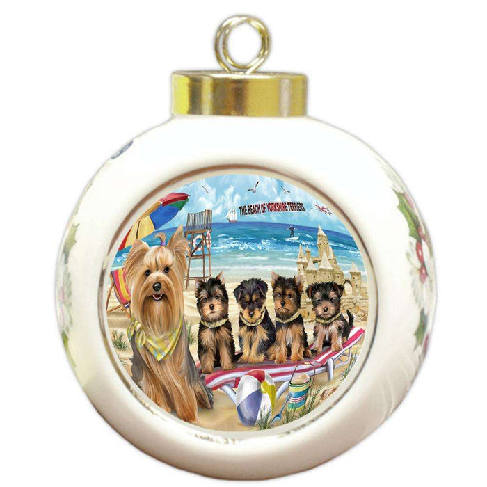 Pet Friendly Beach Yorkshire Terriers Dog Round Ball Christmas Ornament RBPOR50123